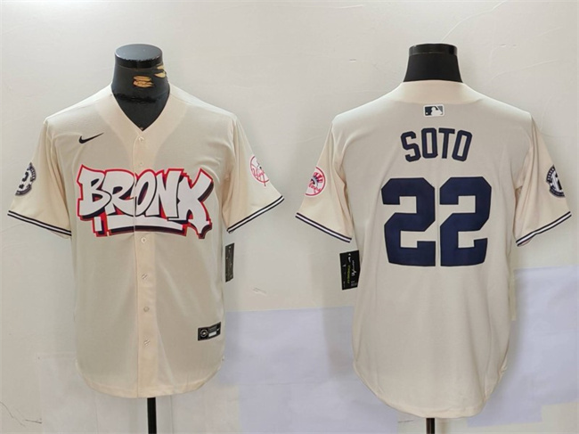 Men's New York Yankees #22 Juan Soto Cream Bronx Graffiti V2 Vapor Limited Stitched Baseball Jersey